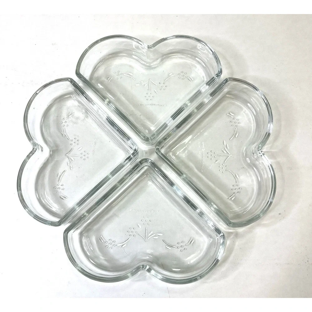 Pfaltzgraff Blossom Embossed Heart Shaped Relish Tray Clover Leaf Clear Glass